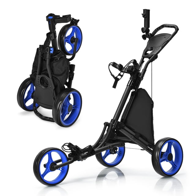 Gymax Chariot de Golf Pliable à 3 Roues en Bleu avec Poignée Ajustable. Comprend un Cadre en Aluminium Léger, des Roues Recouvertes de Mousse EVA et une Poignée Enveloppée de Caoutchouc pour le Confort. Comprend un Sac de Rangement, un Porte-Gobelet, un Tableau d'Affichage Magnétique et un Porte-Parapluie Ajustable. design Compact avec Mécanisme de Pliage à un Clic pour un transport et un Rangement Faciles.