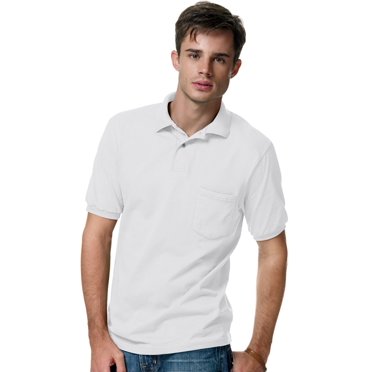 Hanes Cotton-Blend Jersey Mens Polo with Pocket - Best-Seller, 2XL, White