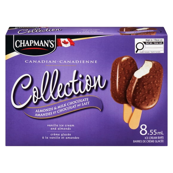 Chapman's Collection Canadienne Barres de Crème Glacée - Crème Glacée à la Vanille avec Amandes & Chocolat au Lait, Emballées dans une Boîte en Carton 8 x 55mL