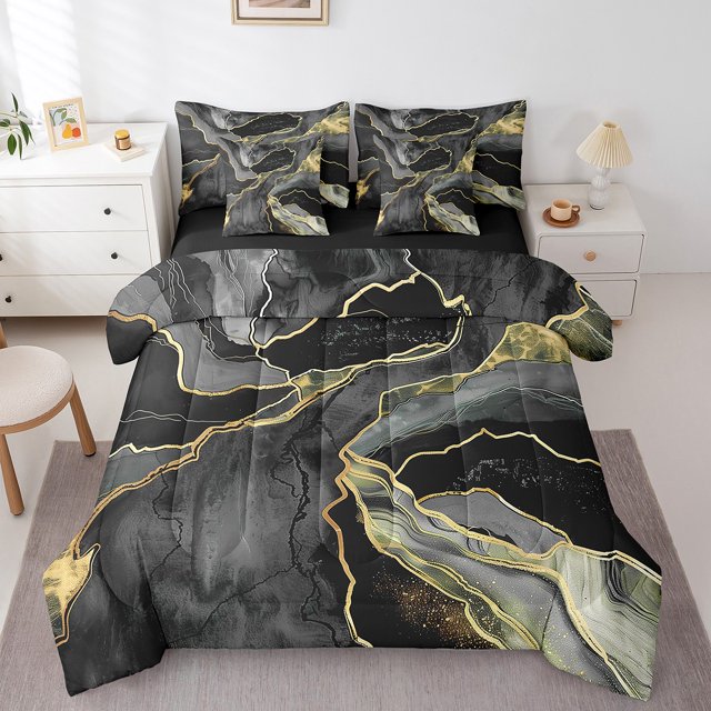 YST Black Grey Watercolor 7-Piece Marble Comforter Set, Full Size, 7 Count