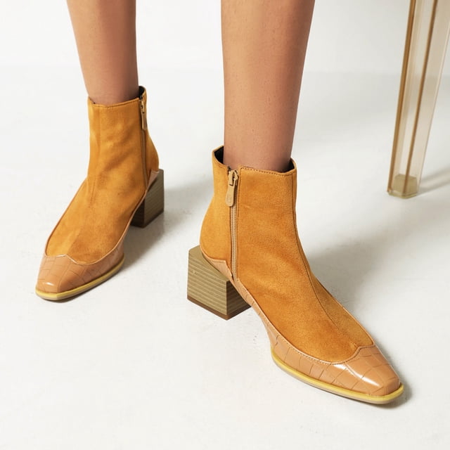 Women's Winter Square Toe Serpentine Leather Stitching High Heel Zipper Ankle Boots