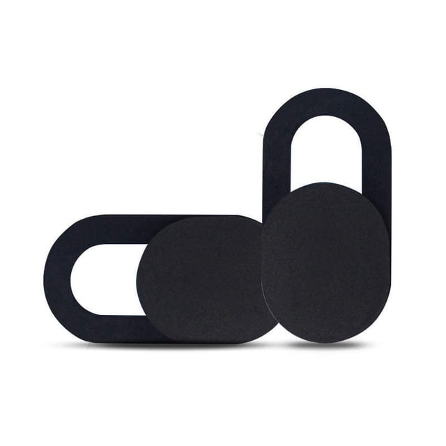 IllmTech Webcam Cover 2 Pack in black color, featuring an ultra-thin oval design with a sliding mechanism for easy opening and closing. Designed to protect privacy on laptops, tablets, and smartphones, it includes strong adhesive that leaves no residue. Recommended by security experts.