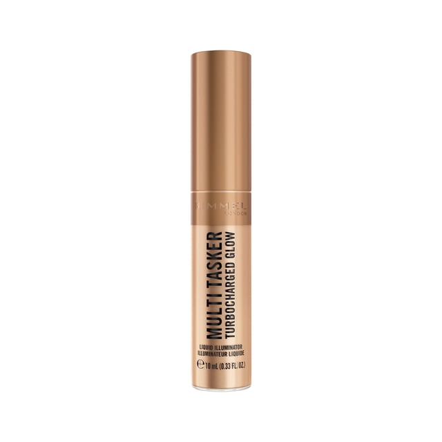 Rimmel Multi-Tâches Turbocharged Illuminateur Liquide Éclat dans une Bouteille beige Mince avec un Bouchon en bronze Métallique, Étiqueté avec Texte Noir et Contenant 10 ml (0.33 fl oz). Il Présente des Perles Réfléchissantes pour la Lumière et des Vitamines C et E pour un Éclat Radieux et Modulable, Convient pour Rehausser les Mèches du Visage.