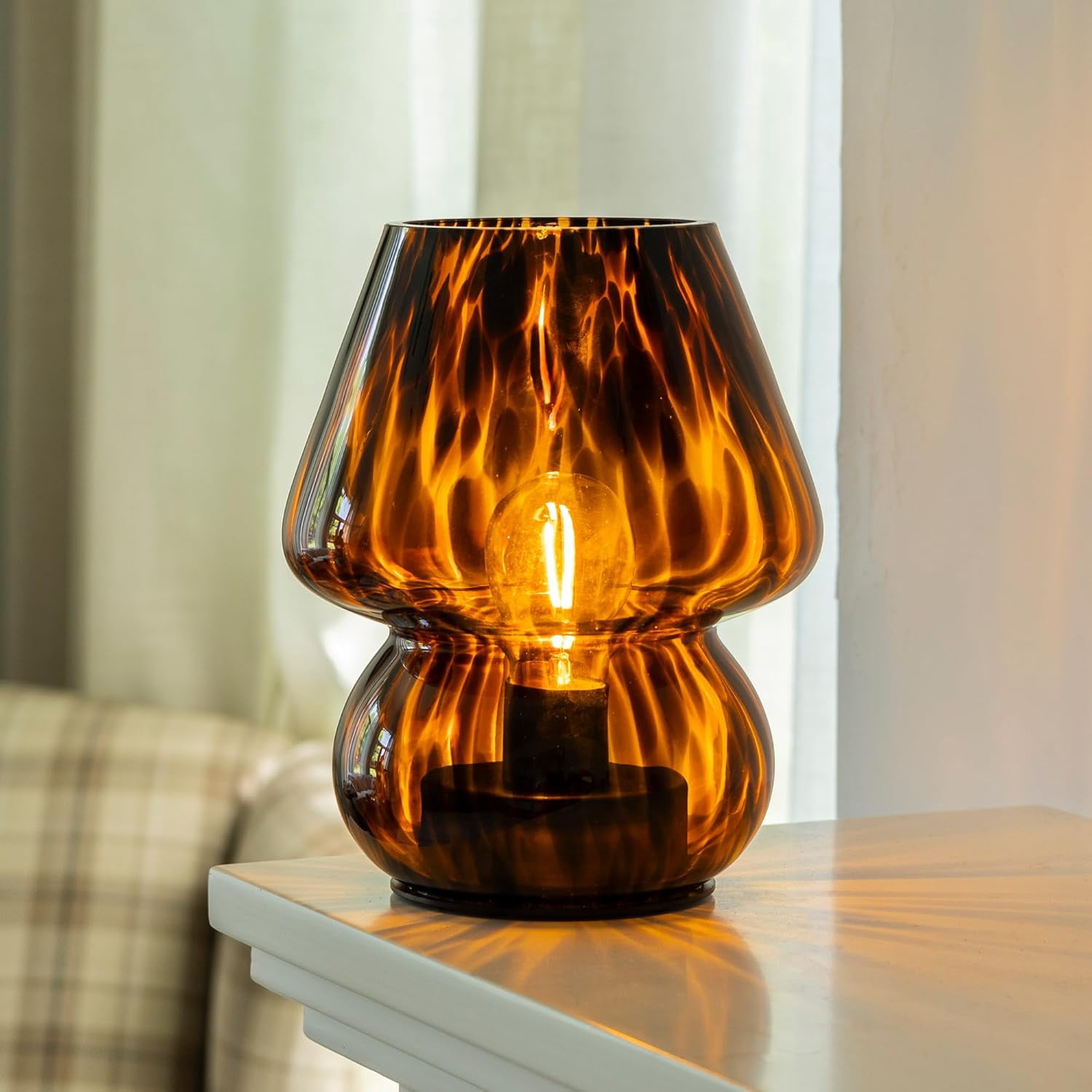 Vintage Amber Glass Mushroom Table Lamp with Timer, Battery-Powered ...