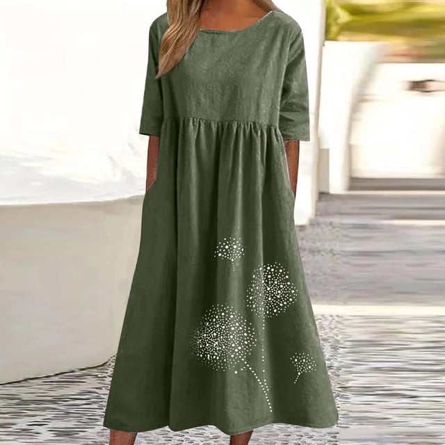 Pisexur Robes d'Été en Coton et Lin pour Femmes, Imprimé Floral, Robes Maxi à Manches Courtes Volantées, Col Rond, Coupe Ample, Robe Soleil pour Plage et Vacances avec Poches, Grande Taille P-5TG