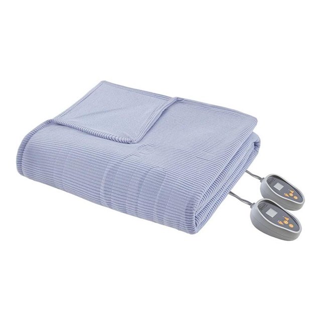 Pemberly Row Polyester Knitted Micro Fleece Solid Textured Heated Blanket - Blue