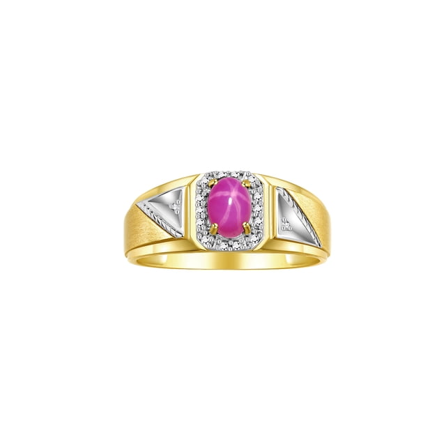 RYLOS Men's Rings Yellow Gold Plated Silver Classic 7X5MM Oval Gemstone & Diamond Ring Star Ruby July Birthstone Rings For Men Size 10