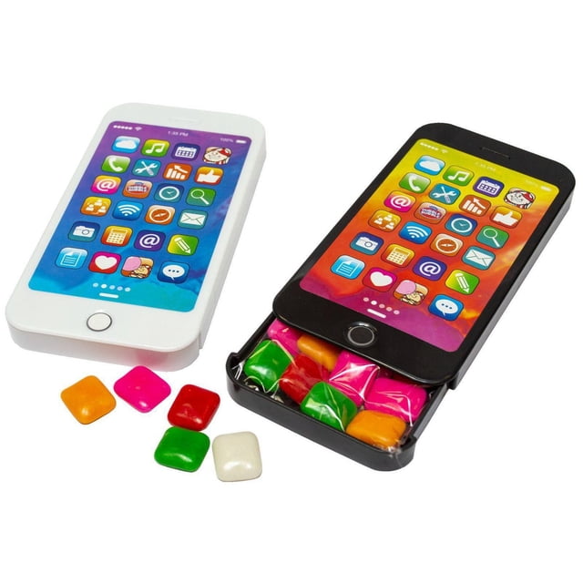 Distributeur de Gomme Balloune Dubble Bubble Mi-Phone en Forme de Téléphone Intelligent avec Icônes d'App Colorées sur l'Écran; Comprend des Étuis en Plastique Rigide Noir et Blanc, l'Étui Noir s'Ouvrant à Glissière, Révélant des Morceaux de Gomme Balloune Assortis à Saveur de Fruits à l'Intérieur et Quelques Morceaux de Gomme à l'Extérieur, Idéal pour les Gâteries et les Fêtes des Enfants.