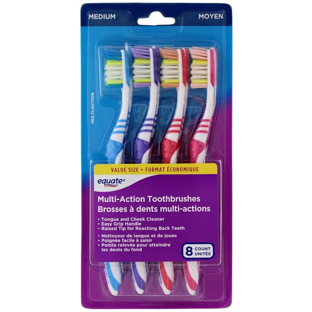 Equate Multi-Action Brosse à Dents Moyenne, Lot de 8, avec Poignées Multicolores, avec Poignées en Caoutchouc, Nettoyants Texturés pour Langue et Joues, et Pointes Relevées pour Atteindre les Dents Arrière, Conçue pour l'Élimination Efficace de la plaque dans les Soins Bucco-Dentaires pour Adultes.
