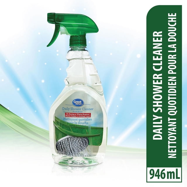 Great Value Daily Shower Cleaner in a clear 946 mL spray bottle with green trigger, formulated for scrub-free daily bathroom cleaning with fresh scent and no rinsing required, ideal for easy shower maintenance.