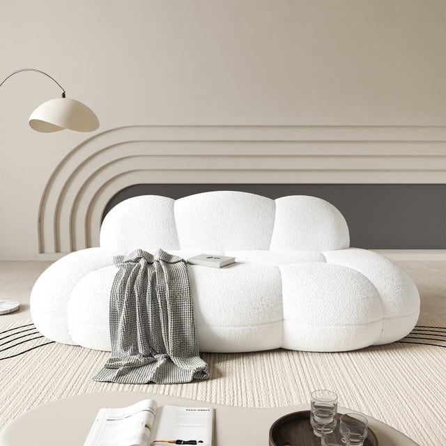 The Magic Home Causeuse 3 Places de 90 Pouces en Bouclé Incurvé Style Nuage, Blanche