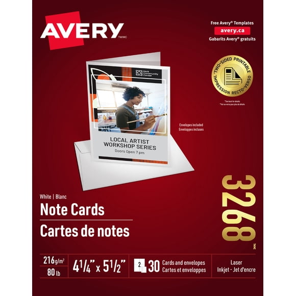 Avery Cartes de notes blanches, 4½" x 5½", 15 feuilles/bte., 30 cartes/bte. (3268)