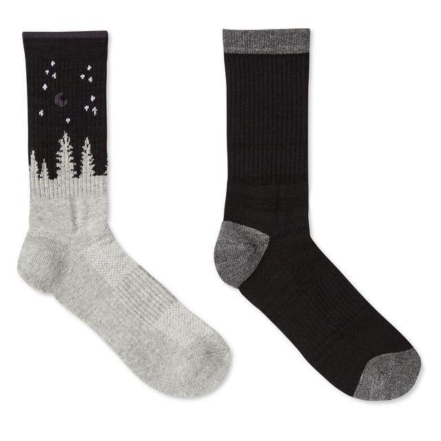 Ladies Ozark Trail 2-Pack Premium Wool Blend Crew Sock with one black and grey sock featuring a forest and moon pattern and one solid black sock with grey heel and toe, made from insulating wool blend with mesh panels, spandex, arch compression, ankle support, and cushioned sole for all-season comfort and impact protection, suitable for casual and outdoor wear.