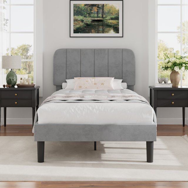 VECELO Twin Size Upholstered Beds, Modern Platform Bed Frame with Adjustable Headboard, Wooden Slats Support/No Box Spring Needed, Light Grey