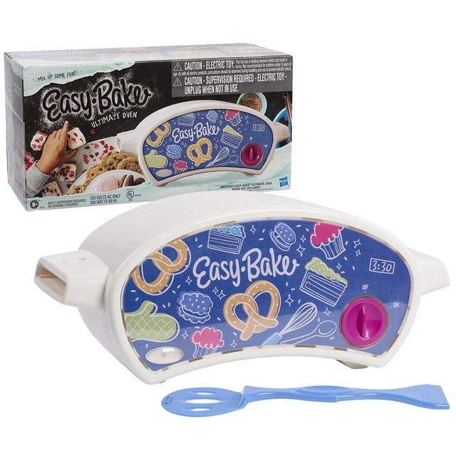 Easy-Bake Ultimate Electric Oven Playset with a white curved oven featuring a blue front panel decorated with pretzel, cupcake, and kitchen utensil illustrations, a purple timer dial, and a blue plastic pan tool, shown alongside its packaging box with images of baked treats and safety information.