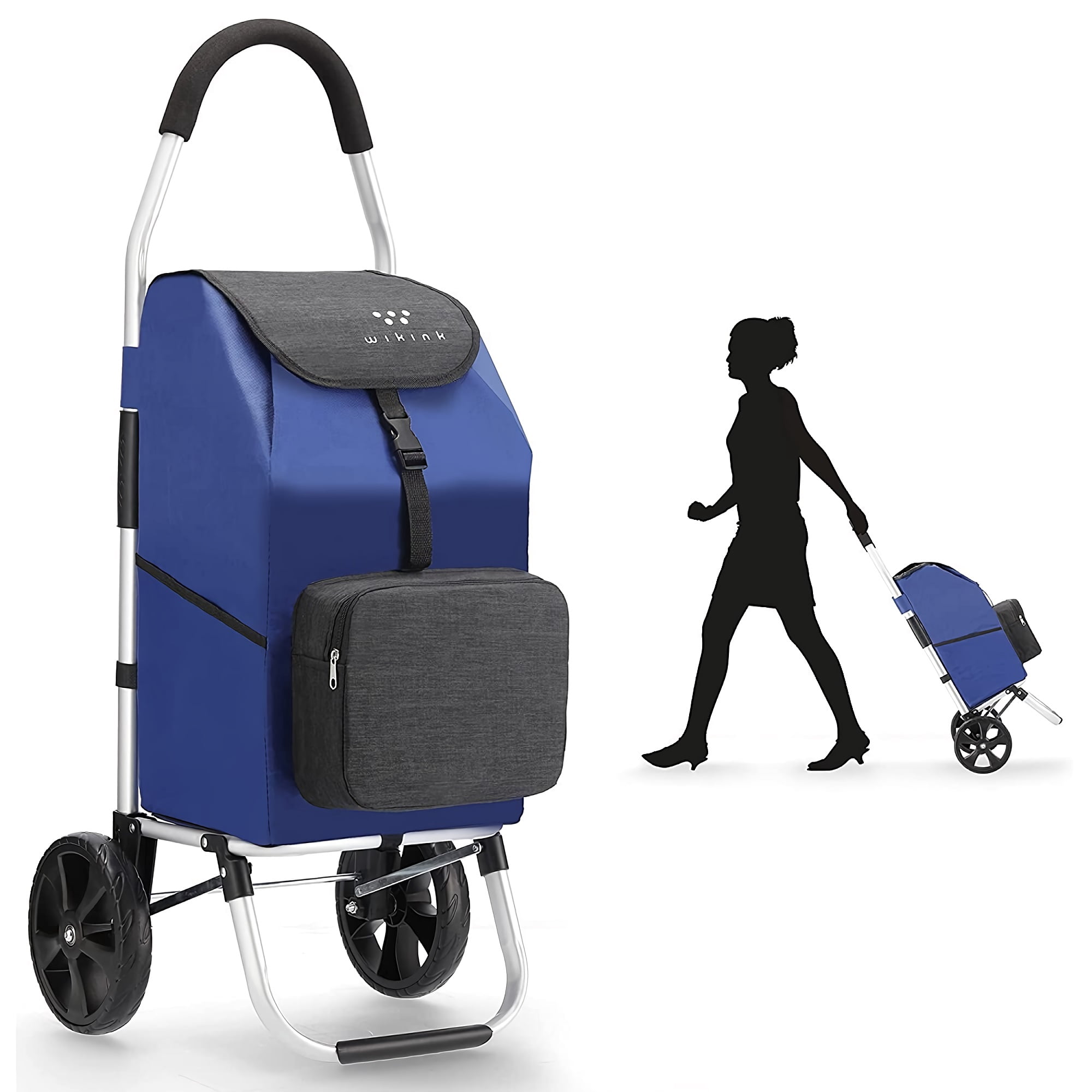 Foldable Shopping Trolley, Portable Grocery Cart with 29L Removable Bag, Insulated Pouch, Aluminum Frame (Blue)