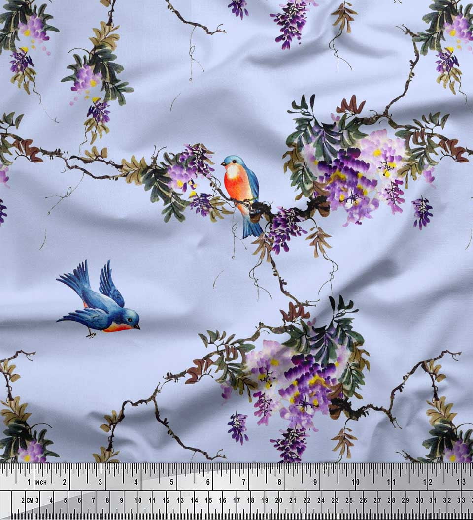Soimoi Blue polyester Crepe Fabric Floral & Flowerpecker Bird Print Fabric by the Yard 42 Inch Wide