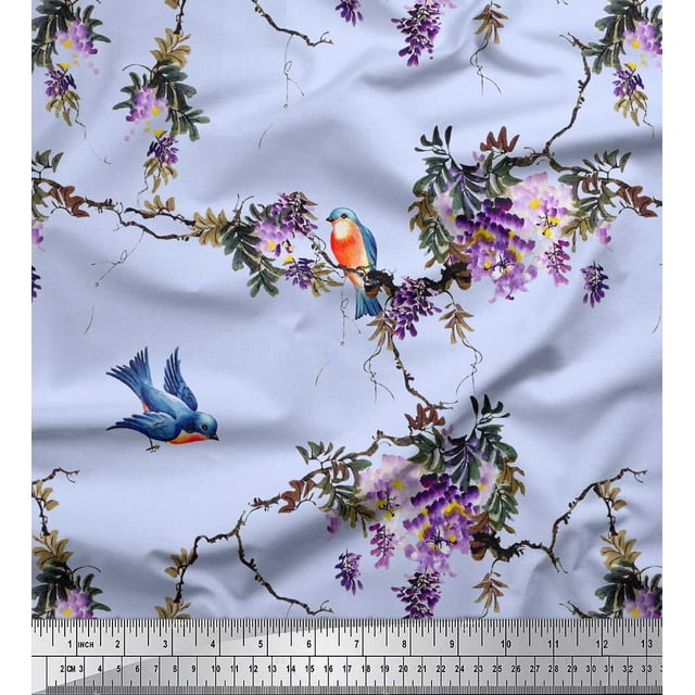 Soimoi Blue polyester Crepe Fabric Floral & Flowerpecker Bird Decor Fabric Printed Yard 52 Inch Wide