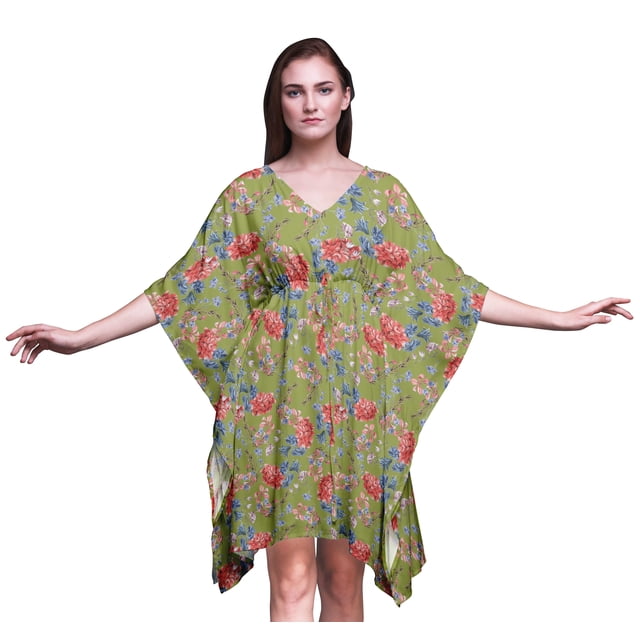 Bimba Kaftan de Plage à Fleurs, Paréo de Bikini, Robe Midi pour Femmes, Caftan Court - P-L