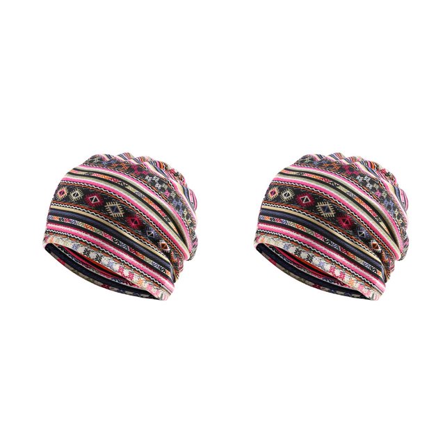 Transemion Bonnet Décontracté Musulman Hijab Imprimé Floral Turban Coloré Protection des Oreilles Ajustable Bonnet de Nuit pour Femmes Rayures Rose Rouge 2Set