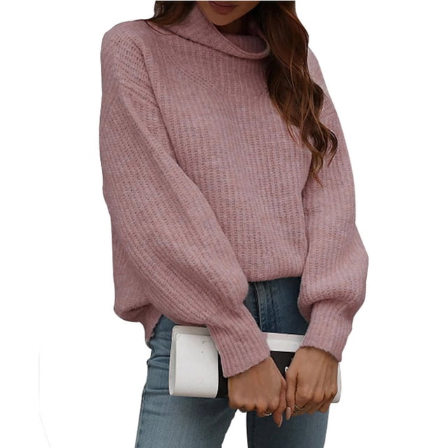 Qertyioot Chandails Surdimensionnés pour Femmes Col Roulé Mode Uni Manches Longues Col Roulé Chandail Décontracté Hauts