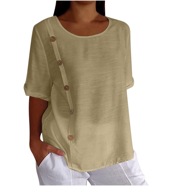 Timegard Hauts pour Femmes en Coton et Lin Été Manches Mi-Longues Col Rond à Boutons Chemises Décontractées Amples Haut Blouse