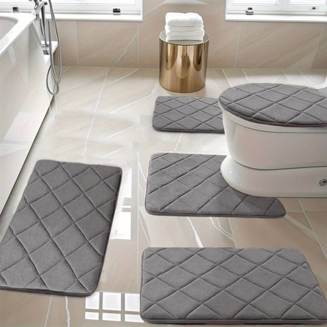 Vaidha Memory Foam Bath Mat 5 Set Bathroom Rugs For 5 Pcs Toilet Mats Universal Soft Comfortable Water Absorption Non-Slip Thick Machine Washable Easier To Dry Dark