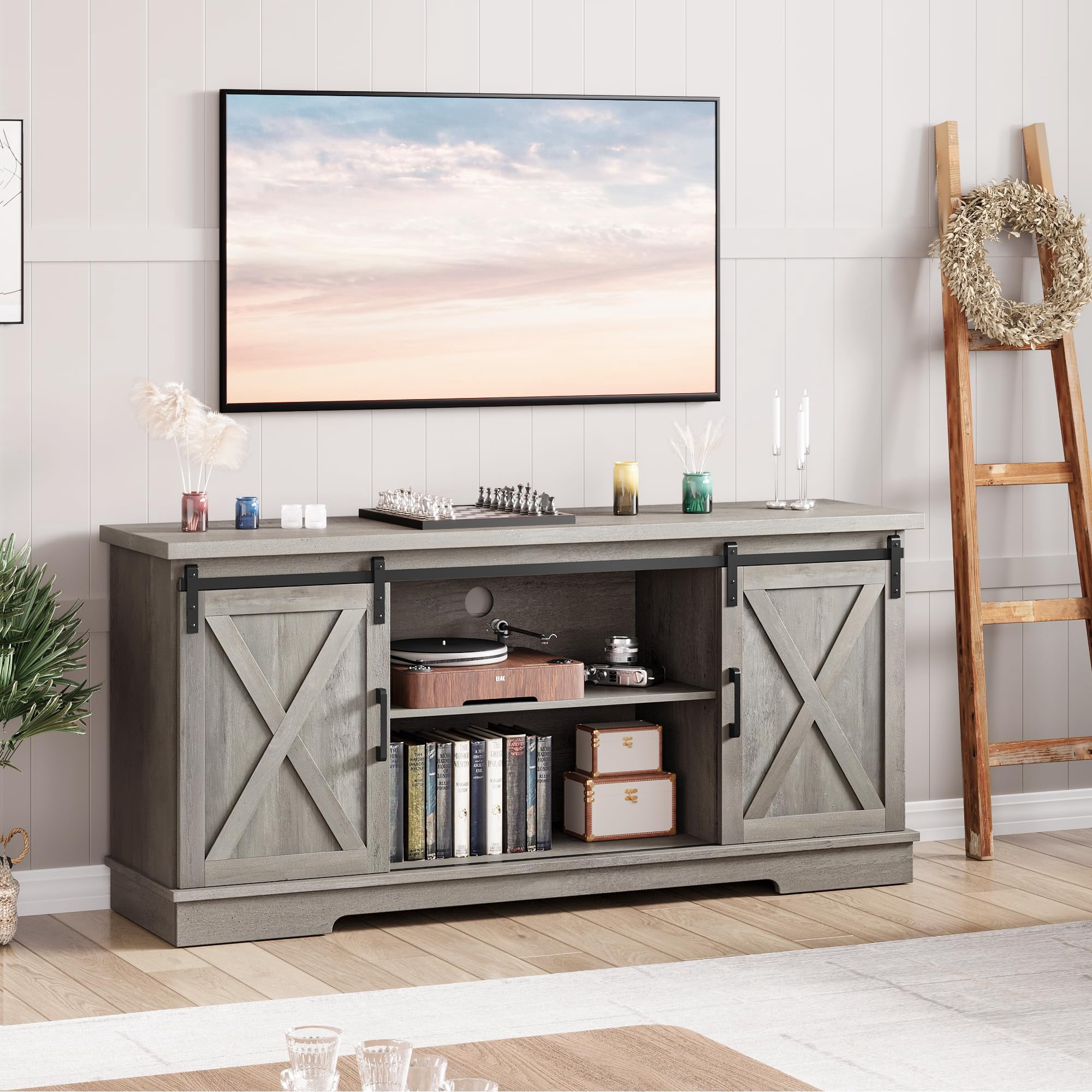 Farmhouse TV Stand for 65 Inch TV, Entertainment Center with Storage and Sliding Barn Doors, Modern Media TV Console TV Stands for Living Room Bedroom