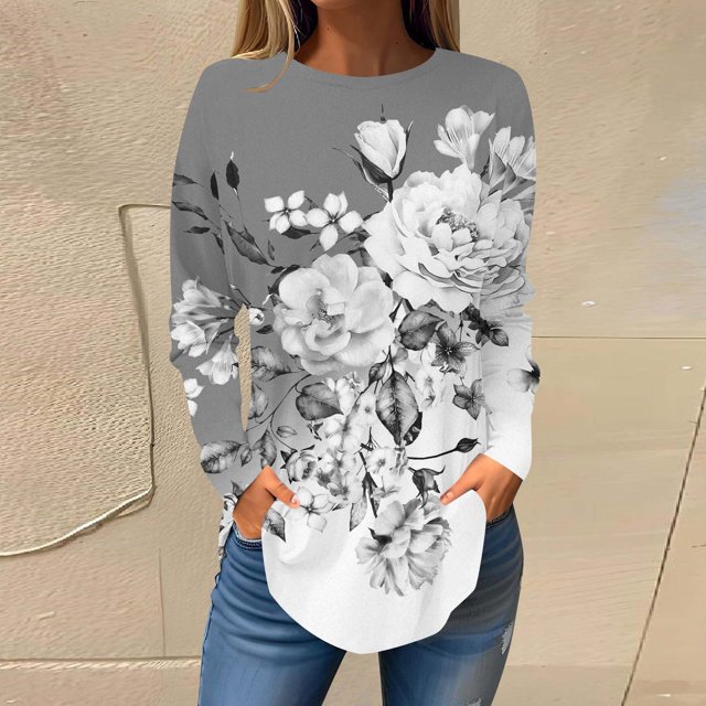 DPTALR Womens Round Neck Printing Fall Blouses Smocked Long Sleeve Shirts Tops