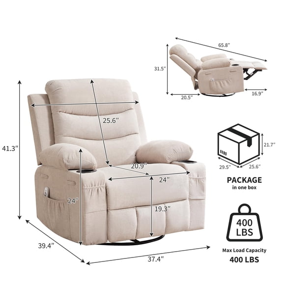 EDTara Recliner Chair Nursery, Oversized Manual Reclining Rocking Chair, 360 Swivel Glider with Cup Holder, Massage and Heat Recliner, Indoor Small Single Sofa Chairs for Adults, RV, Bedroom