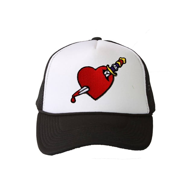 Trucker Mesh Vent Snapback Hat, Heart Dagger 3D Patch Embroidery Black