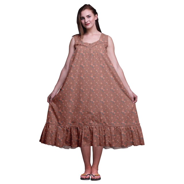 Bimba Robe de Nuit Sans Manches Brun Rose Foncé à Feuilles Florales et Roses pour Femmes, Coton Imprimé, Vêtement de Nuit pour Dames, Vêtement de Sommeil X-Small