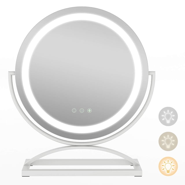 Costway Miroir de Maquillage Rond de 16 Pouces avec Lumières en Blanc, Doté d'Un Miroir en Verre Argenté HD Antidéflagrant de 16 Pouces de Diamètre. le Miroir Comprend 3 Modes de Lumière DEL à Intensité Réglable – Blanc, Naturel et Lumière Chaude – avec une Luminosité Réglable de 20 % à 100 %. Il Dispose d'Un Panneau de Commande Tactile pour une Utilisation Facile, d'Une Fonction de Mémoire pour Sauvegarder des Réglages Préférés et d'Une rotation à 360° pour des angles Personnalisables. le Support Métallique Robuste avec Patins Antidérapants