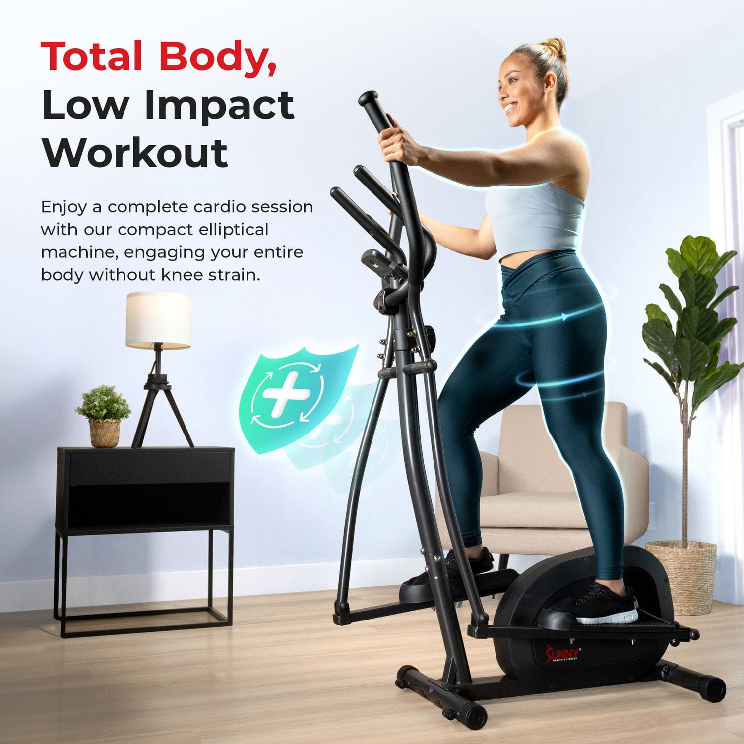 Sunny Health & Fitness Machine elliptique intelligente, entraîneur croisé corporel complet avec entraînement par courroie magnétique hyper-silencieuse, équipement d'exercice à faible impact et lien Bl