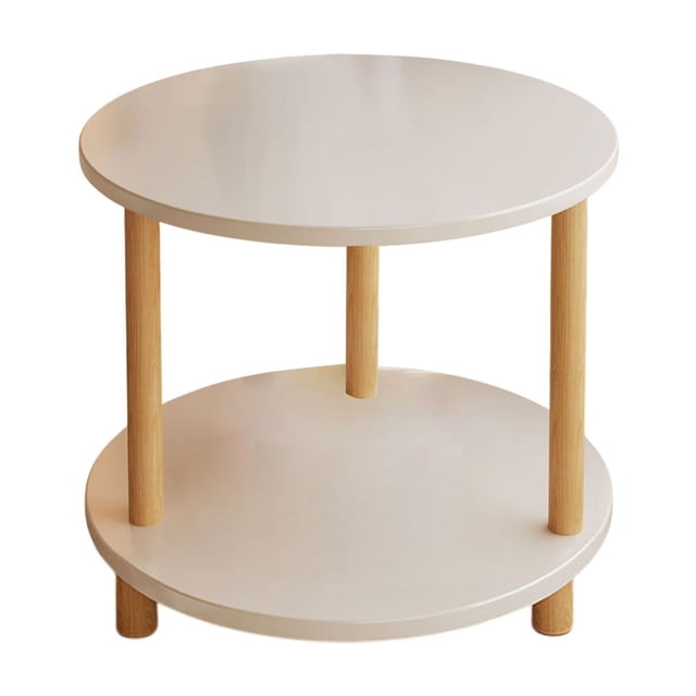 White round coffee table for home decor living area with a practical double-layer storage design. The table features a smooth white top and bottom shelf supported by natural wood-tone cylindrical legs. Compact and space-saving, measuring 20.87 x 15.75 x 15.75 inches, ideal for modern living rooms.