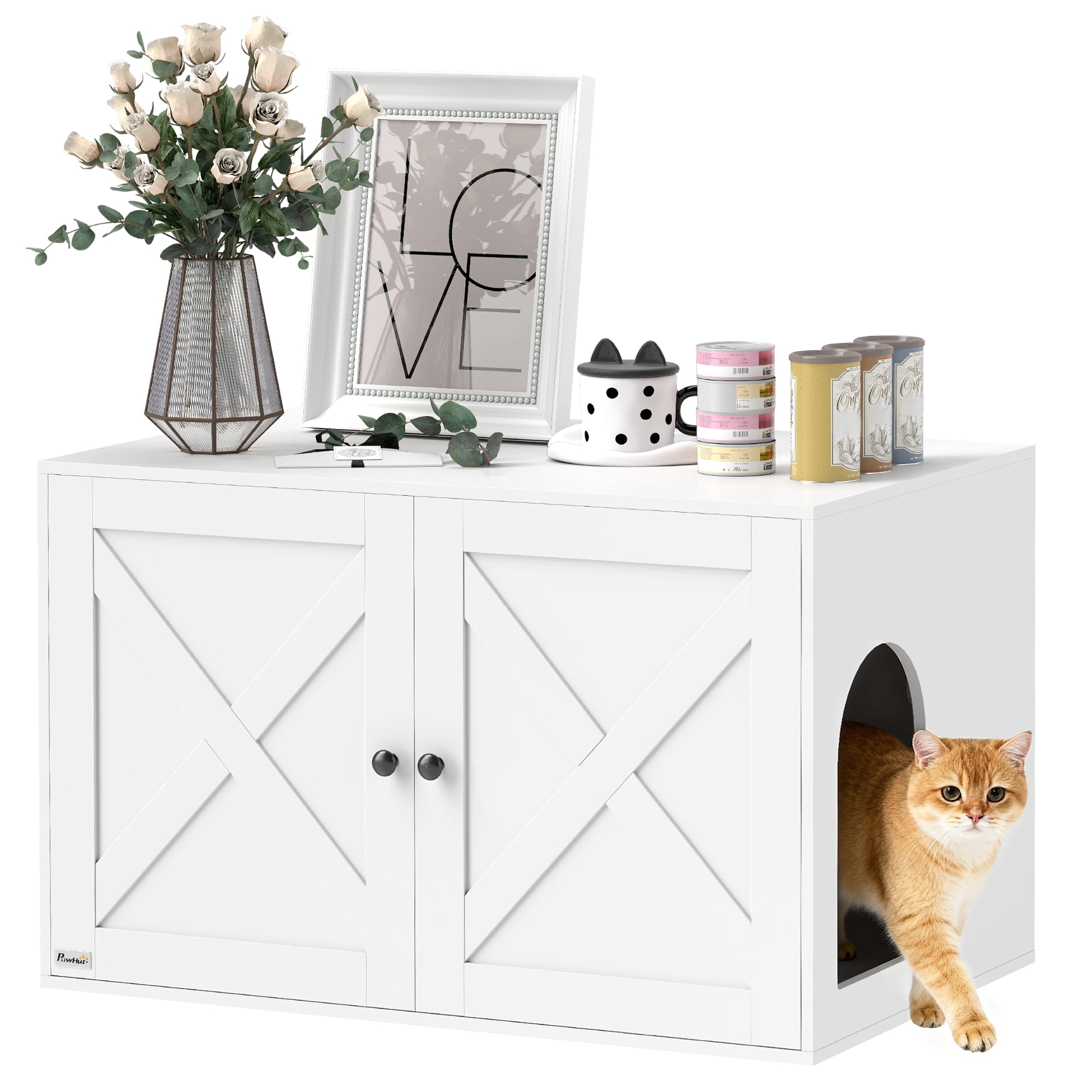 PawHut Cat Litter Box Enclosure, Hidden Washroom Furniture w/ Doors, White