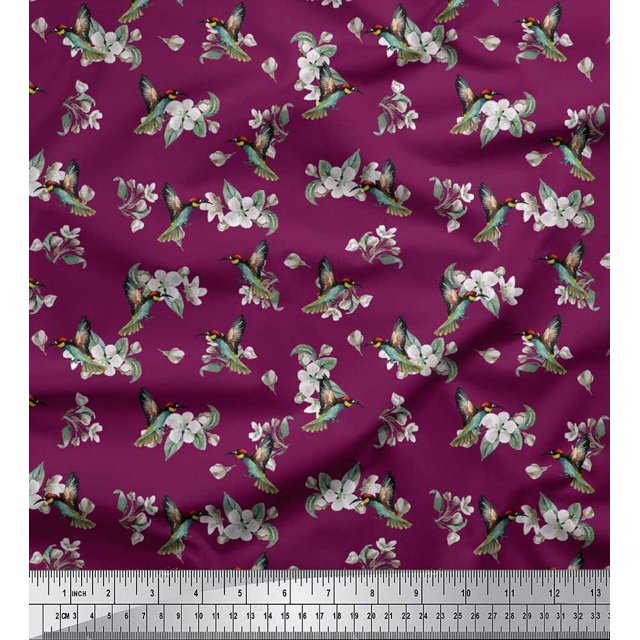 Soimoi polyester Crepe Fabric Leaves,White Floral & Hummingbird Decor Fabric Printed Yards 52 Inch Wide