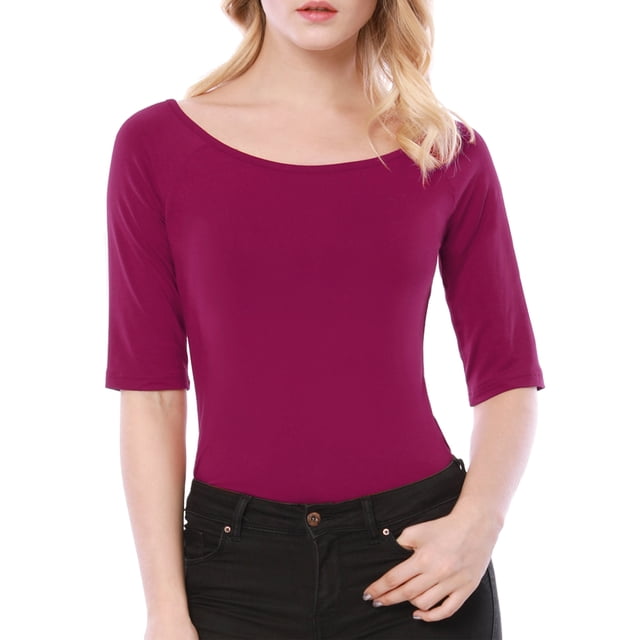 INSPIRE CHIC Women's Boat Neck Tops Half Sleeves Fitted Layering Soft T-Shirt XL Fuchsia