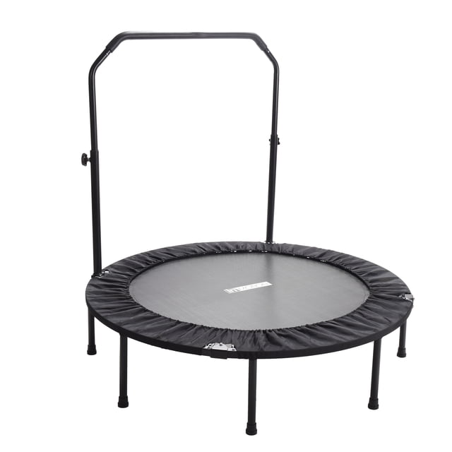 Stamina inMotion 48" Round Fitness Trampoline with Adjustable Handlebars in black. Features a 48-inch textured non-slip jumping mat, reinforced steel frame, and high-tension springs for durability. Includes 5 adjustable handlebar heights for stability and padded grips for comfort. Designed for low-impact workouts, it offers a quiet bounce and is suitable for all fitness levels. Compact and sleek, ideal for home gyms or living rooms. Dimensions: 48 x 48 x 49 inches.