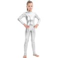 thumbnail image 1 of Girls Shiny Metallic Long Sleeve Unitard Spandex One Piece Wet Look Kid Bodysuit, 1 of 5