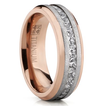 Men's Rose Plated Brushed Titanium Wedding Ring Eternity Band with Channel Set Princess Cut Cubic Zirconia 8mm SZ 12