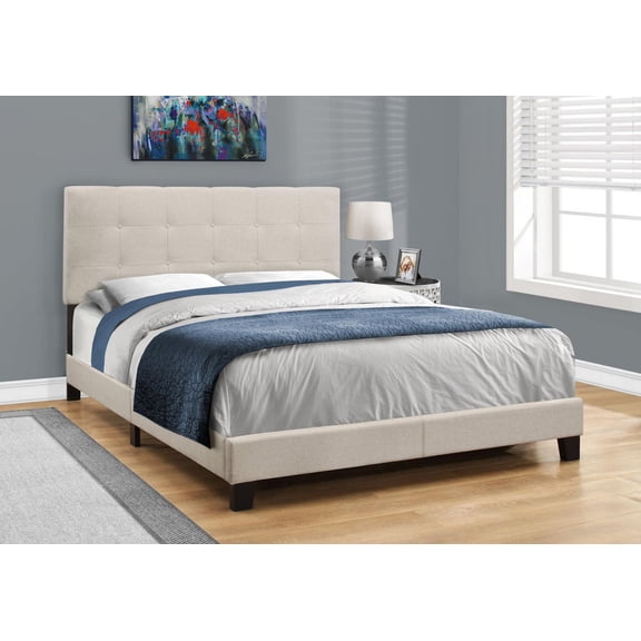 Monarch Specialties Lit, Grand, Plate-forme, Chambre À Coucher, Cadre, Rembourré, D'aspect Lin, Pattes En Bois, Beige, Noir, Transitionnel