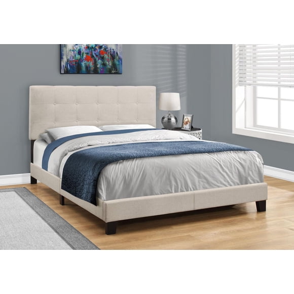 Monarch Specialties Bed, Queen Size, Platform, Bedroom, Frame, Upholstered, Linen Look, Wood Legs, Beige, Black, Transitional