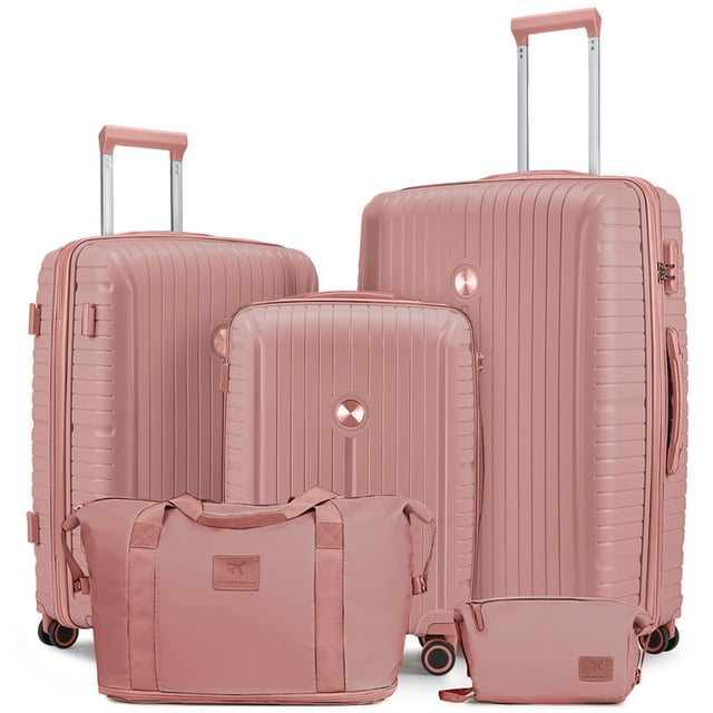 Joyway Ensemble de 5 Pcs de Valises à Coque Rigide Légères avec Roues Pivotantes à Cadenas TSA en Or rose. l'Ensemble Comprend Trois Valises à Coque Rigide de Tailles 20 Pouces, 24 Pouces et 28 Pouces, Ainsi Qu'un Sac de Sport Assorti et un Sac de Toilette. Chaque Valise Présente une Coque en Polypropylène durable avec une texture Ondulée pour Résister aux Égratignures, un Cadenas Approuvé TSA, des Roues Doubles Pivotantes à 360°, et une Poignée Télescopique Ergonomique à 3 Marches. l'Intérieur Comprend un Compartiment à Fermeture Éclair Complète