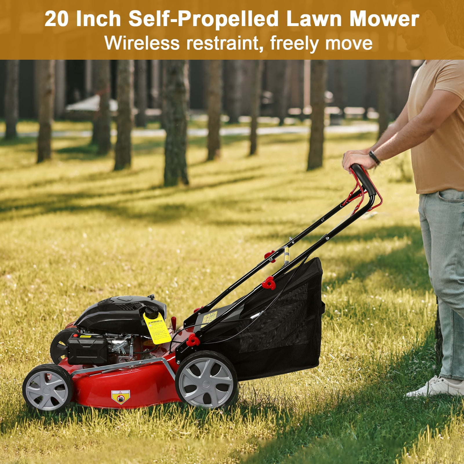 Trayknick Lawn Mower, Self Propelled Lawn Mower, 141cc Gas Engine Lawn Mower, Push Lawn Mower with 50L Grass Tank, Big Wheels