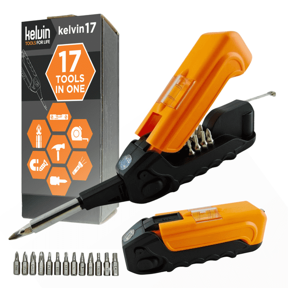 Kelvin Tools - Ensemble de Tournevis Urbain Kelvin 17, Tournevis Tout-en-un pour Tous les Jours à Outils Multiples, Multi-Basculement, Précision Compacte et Universelle, Ensemble 13 Bits avec Ruban à Mesurer, Niveau de Liquide, Marteau et Lampe de Poche