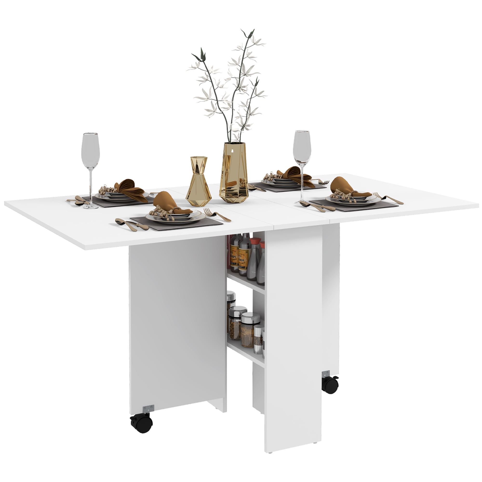CoSoTower Folding Dining Table, 55" Drop Leaf Table for Small Spaces, Foldable Table with Storage Shelves for Kitchen, Dining Room, White