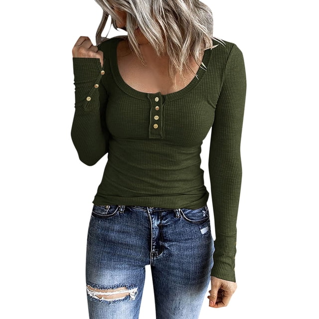 Hauts Henley à Manches Longues pour Femmes à Col Roulé Perlé, T-Shirts à Boutons, Hauts Superposables à Manches Longues pour Femmes, Hauts Coupe Ajustée, T-Shirt Foncé à Encolure Dégagée, Chandails en Tricot Côtelé