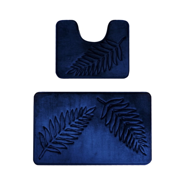 yulier Leaf Bathroom Rug Set 2 Piece in navy, featuring a soft absorbent bath rug and a U-shaped contour toilet rug. Both rugs are crafted from polyester with a rubber non-slip backing. The bath rug measures 50x80cm (19.68x31.49in), and the contour rug measures 40x50cm (16x19.68in). The rugs display an embossed leaf pattern, adding a modern touch to bathroom decor. Designed to be water-absorbent, quick-drying, and machine washable, this set is ideal for enhancing safety and style in kids' bathrooms.