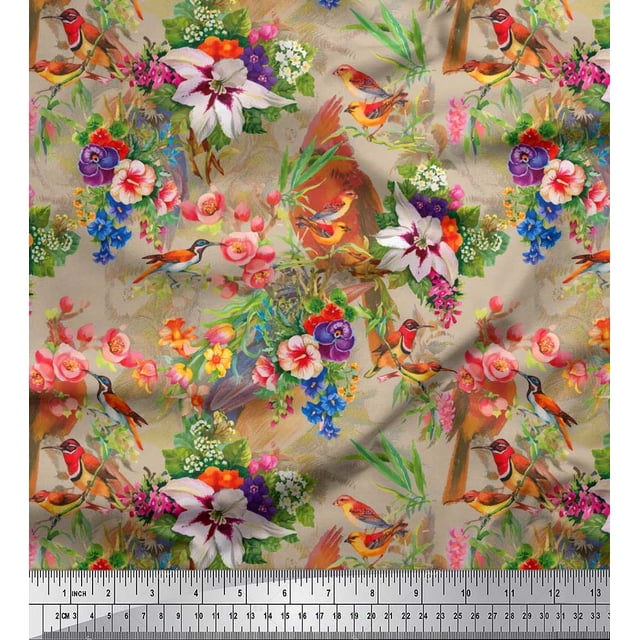 Soimoi Polyester Crepe Fabric Birds,Leaves & Lily Floral Decor Fabric Printed Yard 42 Inch Wide
